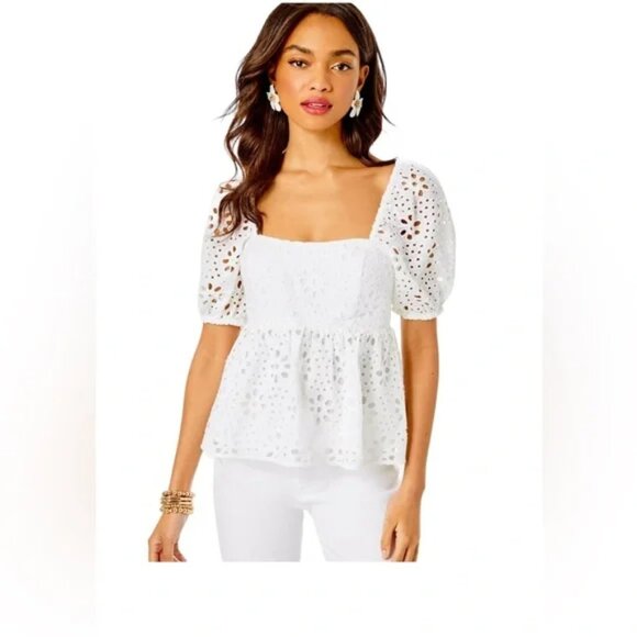 Lilly Pulitzer Kay Short Sleeve Eyelet Blouse Top Resort White 8 NWT - Picture 1 of 7